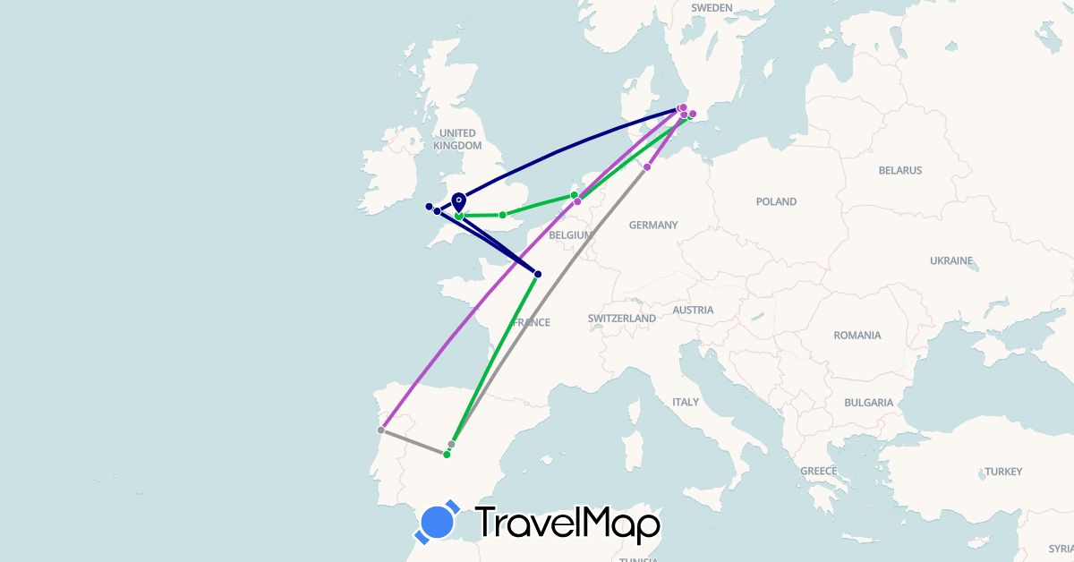TravelMap itinerary: driving, bus, plane, train in Germany, Denmark, Spain, France, United Kingdom, Netherlands, Portugal, Sweden (Europe)